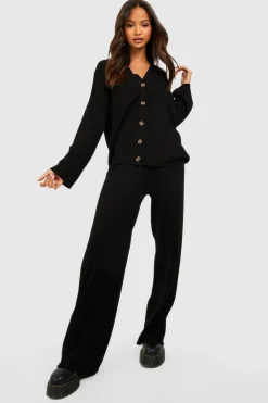 boohoo Ensemble cardigan boutonné en tricot côtelé et pantalon<Femme Pulls Et Gilets|Toutes Les Mailles