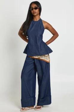 Ensemble Chambray Haut Dos-nu À Nouer Et Pantalon Large À Revers
