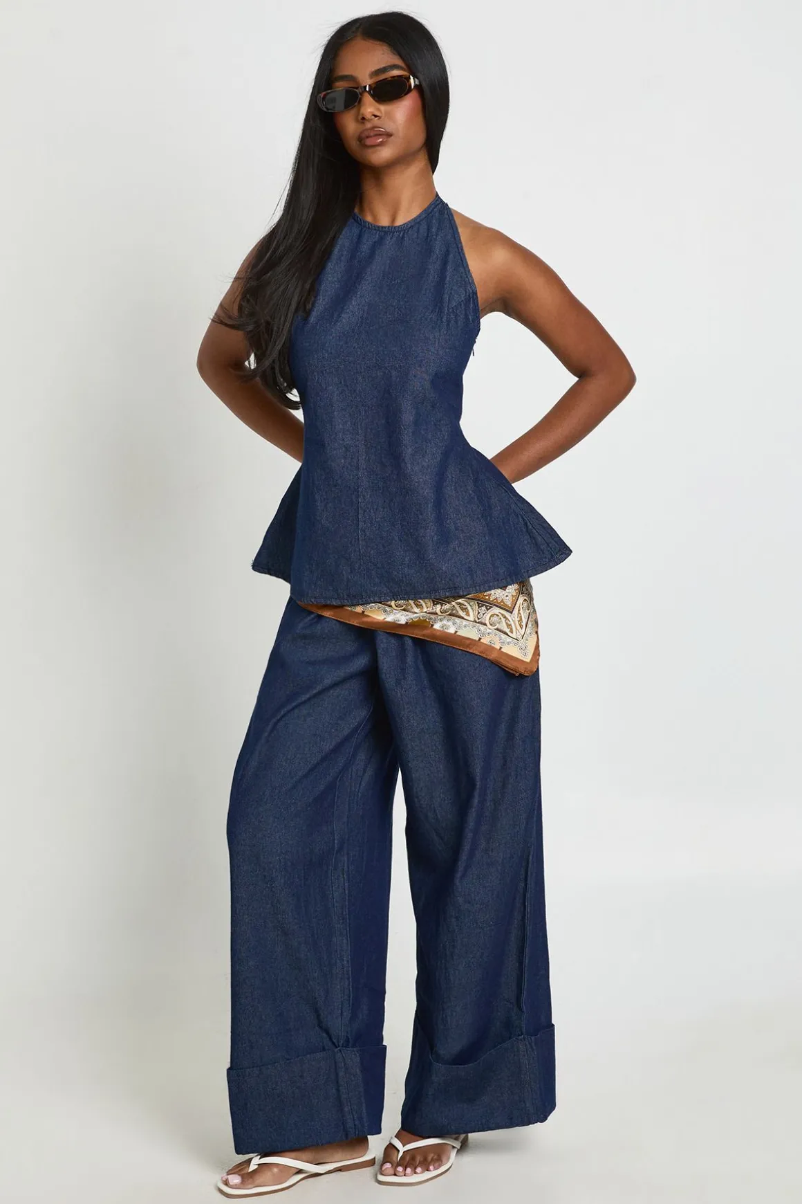Ensemble Chambray Haut Dos-nu À Nouer Et Pantalon Large À Revers
