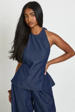 Ensemble Chambray Haut Dos-nu À Nouer Et Pantalon Large À Revers