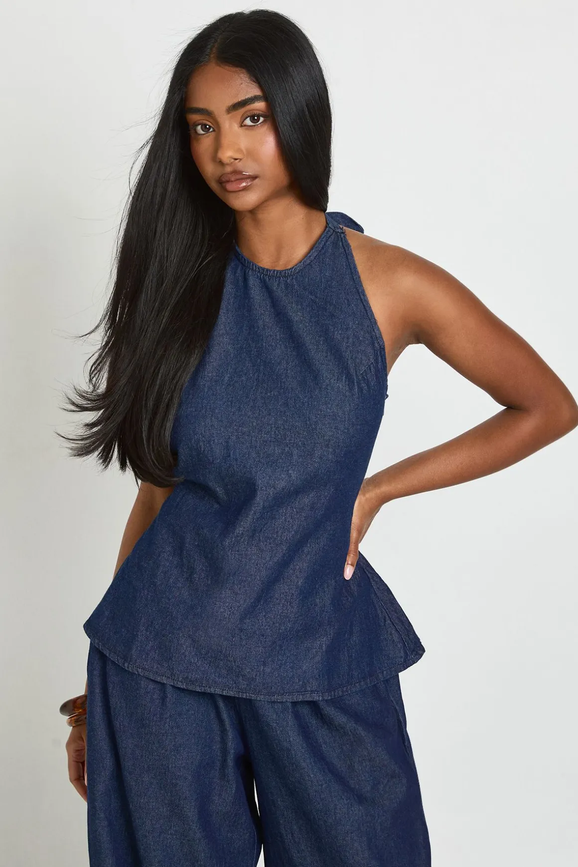 Ensemble Chambray Haut Dos-nu À Nouer Et Pantalon Large À Revers