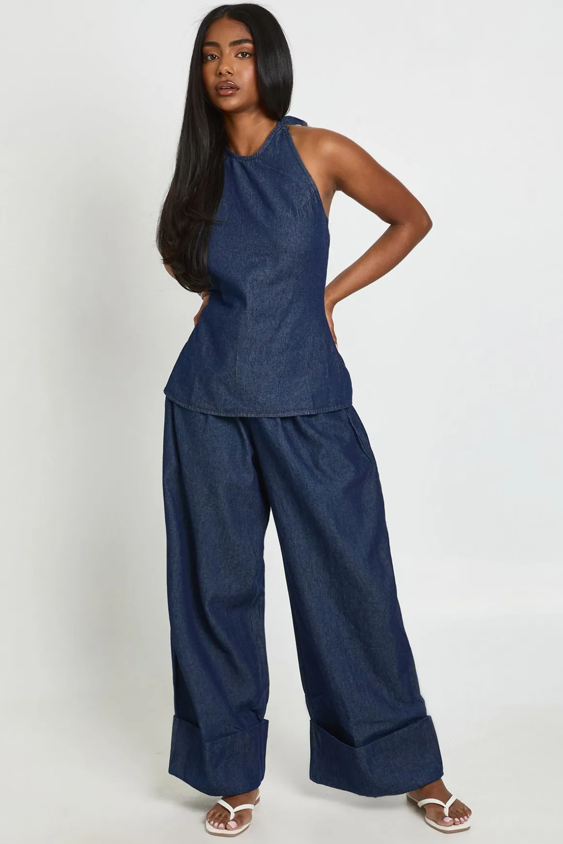 Ensemble Chambray Haut Dos-nu À Nouer Et Pantalon Large À Revers