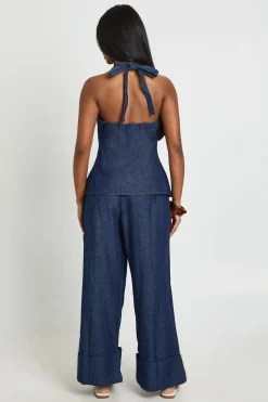 Ensemble Chambray Haut Dos-nu À Nouer Et Pantalon Large À Revers