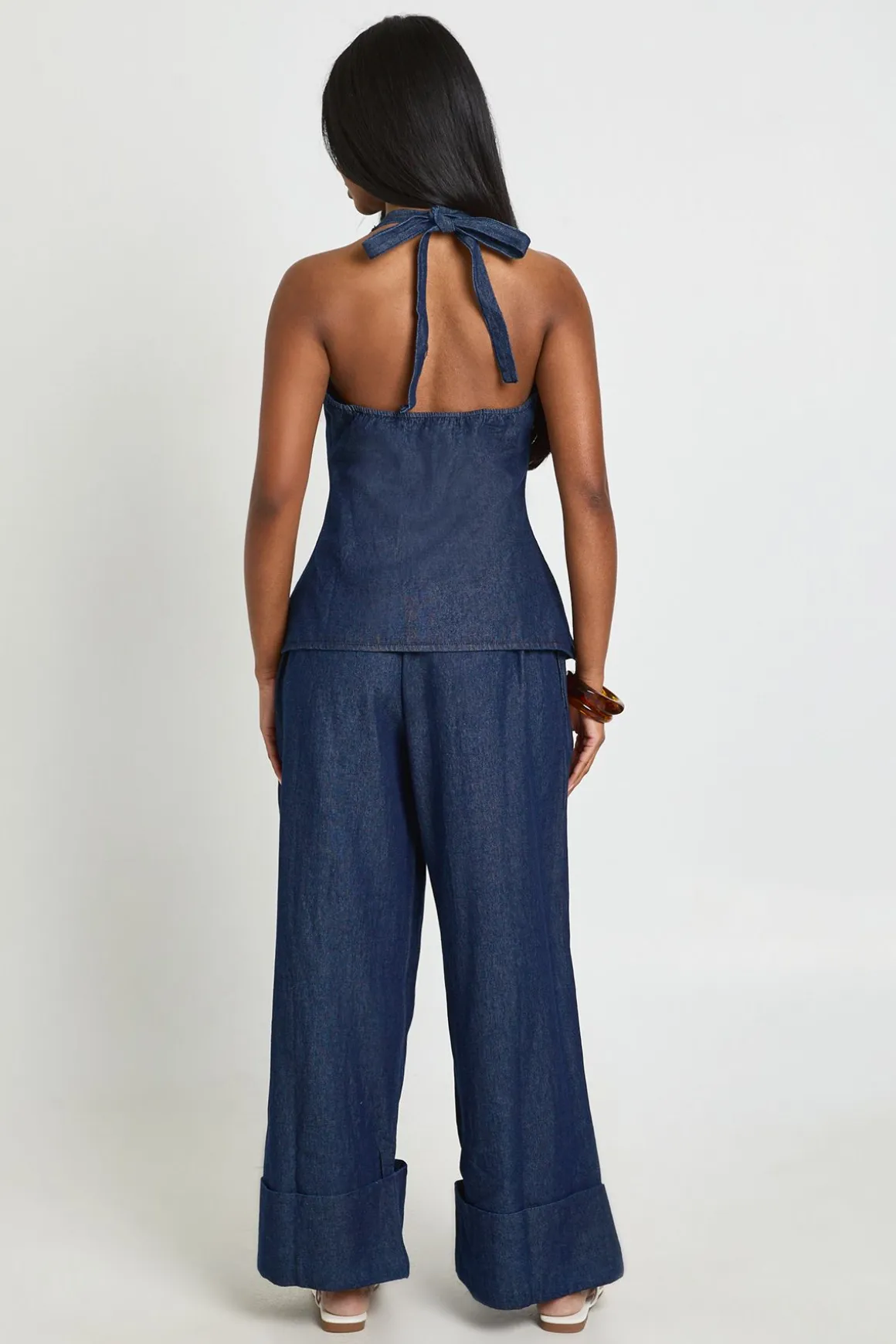 Ensemble Chambray Haut Dos-nu À Nouer Et Pantalon Large À Revers