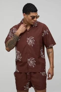 Ensemble Chemise Ample En Lin Broderie Palmier Et Short Décontracté