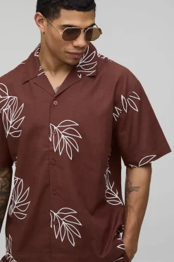 Ensemble Chemise Ample En Lin Broderie Palmier Et Short Décontracté