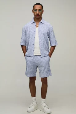 boohooMAN Ensemble Chemise Ample Oversize Et Short En Seersucker Rayé Brodé<Homme Ensembles