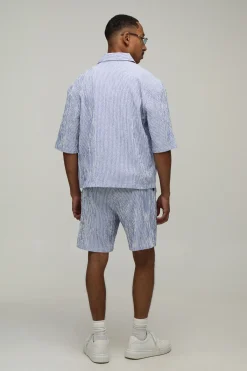 boohooMAN Ensemble Chemise Ample Oversize Et Short En Seersucker Rayé Brodé<Homme Ensembles