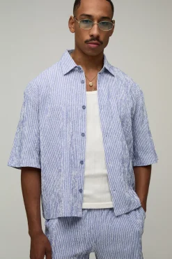 boohooMAN Ensemble Chemise Ample Oversize Et Short En Seersucker Rayé Brodé<Homme Ensembles