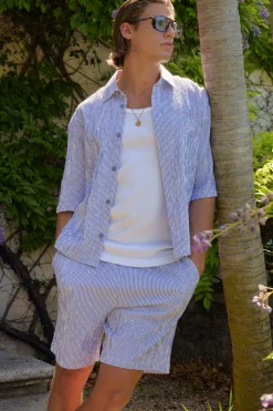 boohooMAN Ensemble Chemise Ample Oversize Et Short En Seersucker Rayé Brodé<Homme Ensembles