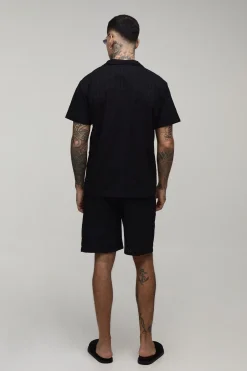 boohooMAN Ensemble Chemise Brodée En Coton Coupe Regular Tall Et Short Décontracté À Cordon De Serrage Prolongé<Homme Ensembles|Tout Afficher