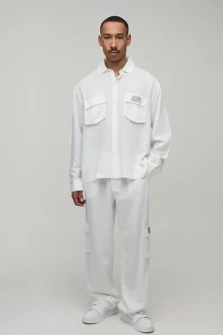 boohooMAN Ensemble Chemise Cargo Et Pantalon Décontracté En Lin Regular<Homme Ensembles|Tout Afficher
