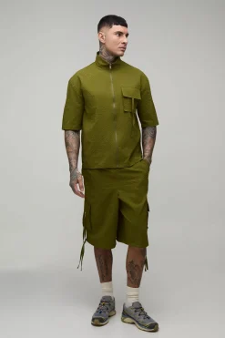 Ensemble Chemise Cargo Oversize Col Montant En Ripstop Texturé Et Short Long Tall