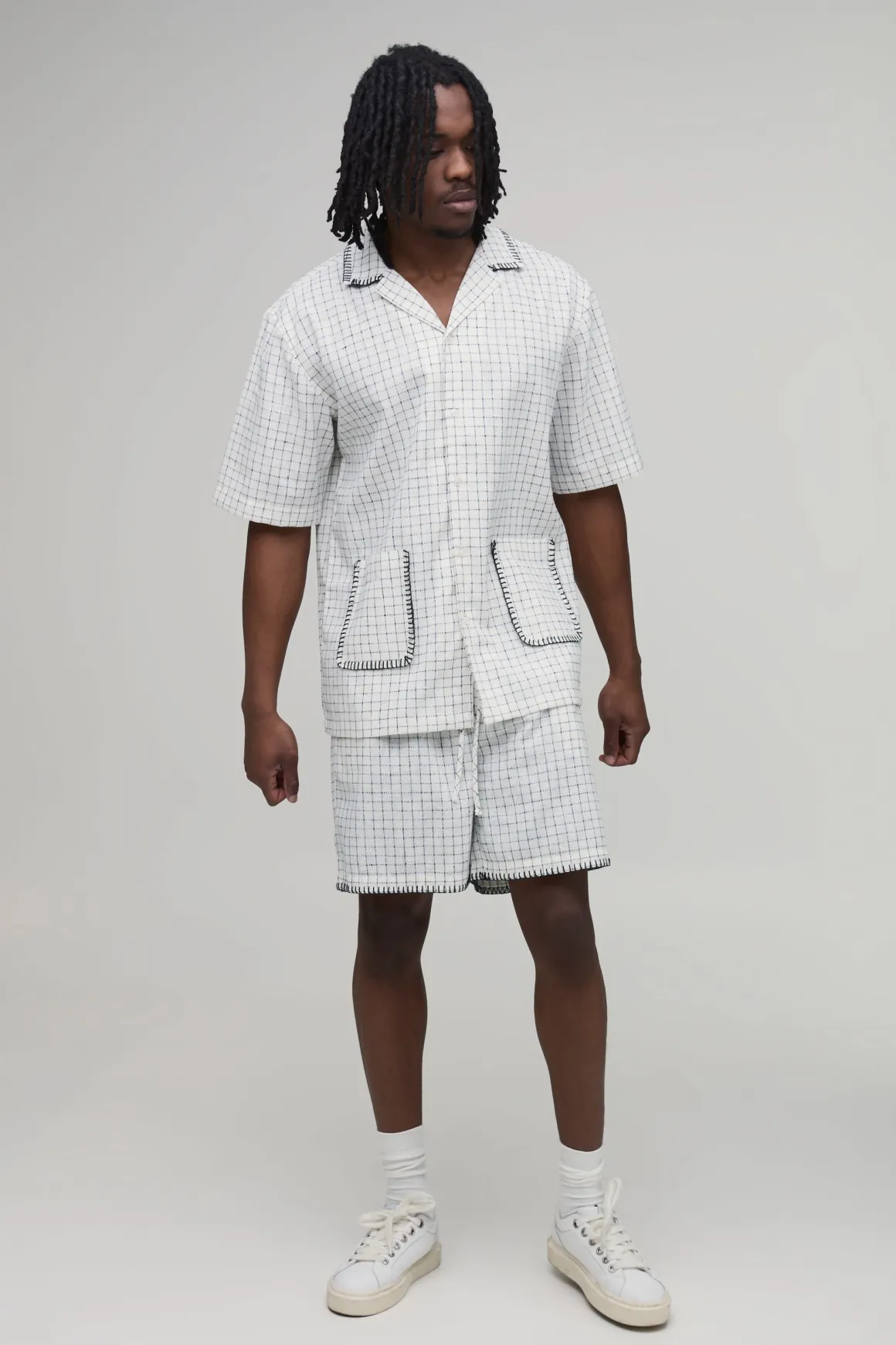 Ensemble Chemise À Carreaux Vichy Surpiqûre Couverture Oversize Manches Courtes & Short Ample Coupe Tall