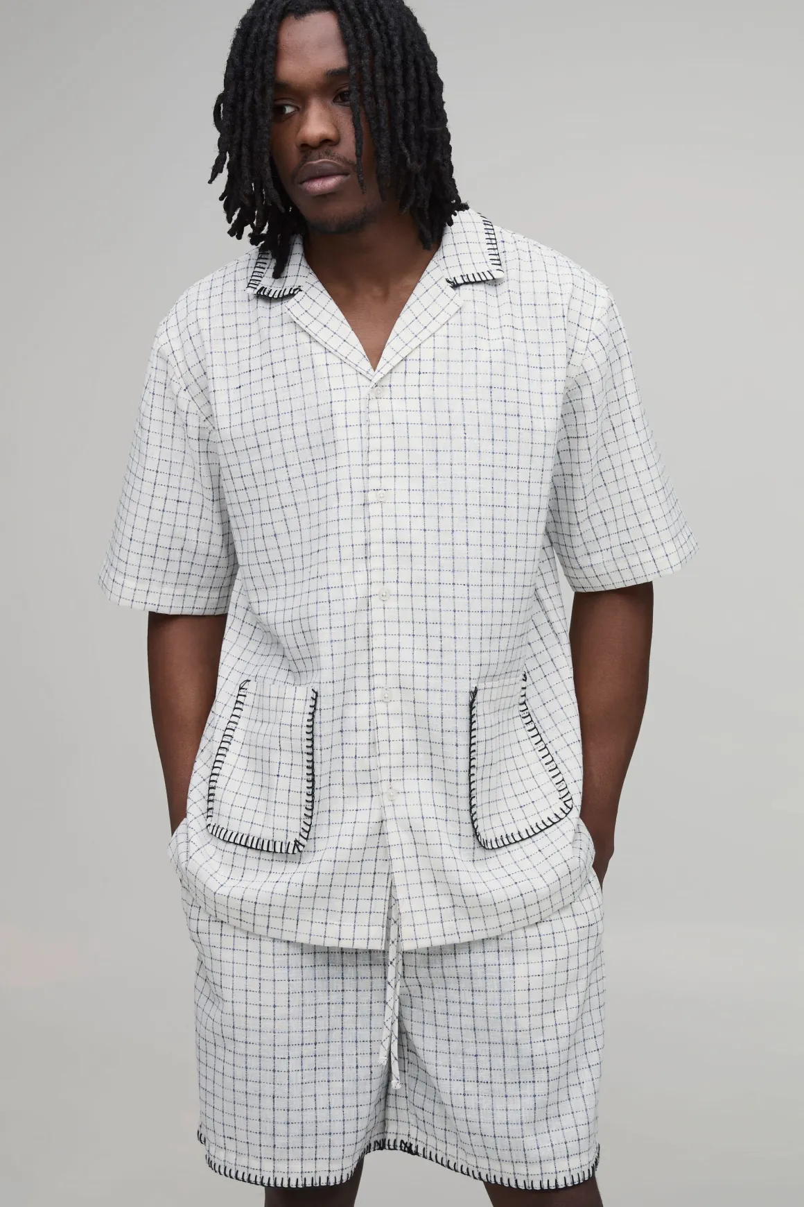 Ensemble Chemise À Carreaux Vichy Surpiqûre Couverture Oversize Manches Courtes & Short Ample Coupe Tall
