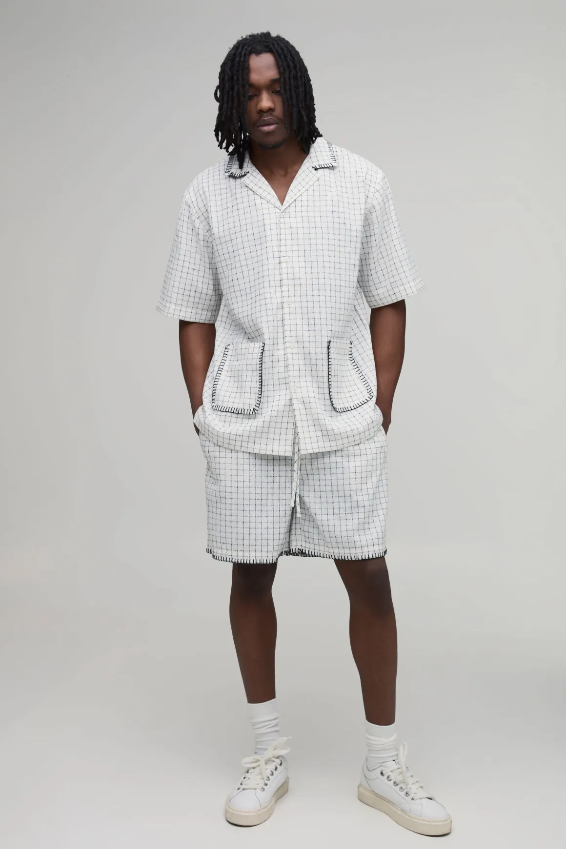 Ensemble Chemise À Carreaux Vichy Surpiqûre Couverture Oversize Manches Courtes & Short Ample Coupe Tall