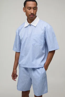 Ensemble Chemise Col Contrasté À Zip 1/4 Et Short