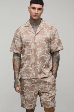 Ensemble Chemise À Col Revere Brodée De Fleurs Et Short Ample Pour Grande Taille