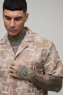 Ensemble Chemise À Col Revere Brodée De Fleurs Et Short Ample Pour Grande Taille