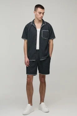 boohooMAN Ensemble Chemise Coupe Droite Et Short Décontracté À Texture Gaufrée Avec Coutures Contrastées<Homme Ensembles