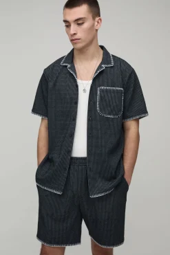 boohooMAN Ensemble Chemise Coupe Droite Et Short Décontracté À Texture Gaufrée Avec Coutures Contrastées<Homme Ensembles