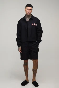 Ensemble Chemise Courte Oversize Ample Brodée Florale Et Short Baggy Tall