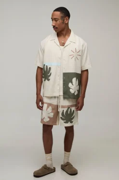 Ensemble Chemise En Lin Oversize Et Short Ample Avec Appliqué Palmier