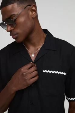 Ensemble chemise en lin épais à garniture contrastante surdimensionnée & pantalon décontracté