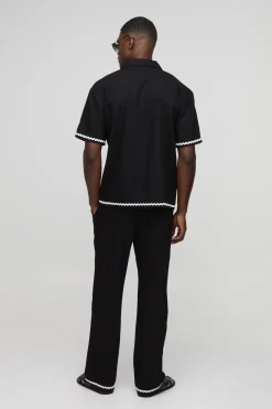 Ensemble chemise en lin épais à garniture contrastante surdimensionnée & pantalon décontracté