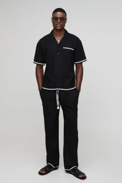Ensemble chemise en lin épais à garniture contrastante surdimensionnée & pantalon décontracté