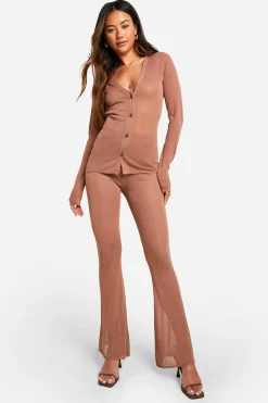 boohoo Ensemble Chemise en Maille Fine Transparente et Pantalon Évasé<Femme Pulls Et Gilets|Toutes Les Mailles