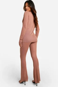 boohoo Ensemble Chemise en Maille Fine Transparente et Pantalon Évasé<Femme Pulls Et Gilets|Toutes Les Mailles