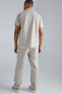 Ensemble chemise et pantalon à manches courtes, stretch texturé, coupe régulière