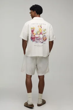 boohooMAN Ensemble Chemise Et Short Coupe Regular Imprimé Effet Lin<Homme Ensembles