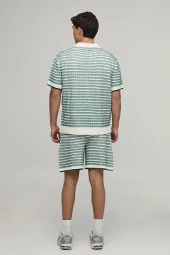boohooMAN Ensemble Chemise Et Short Décontracté En Maille Ajourée À Rayures<Homme Maille|Mailles