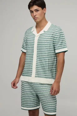 boohooMAN Ensemble Chemise Et Short Décontracté En Maille Ajourée À Rayures<Homme Maille|Mailles