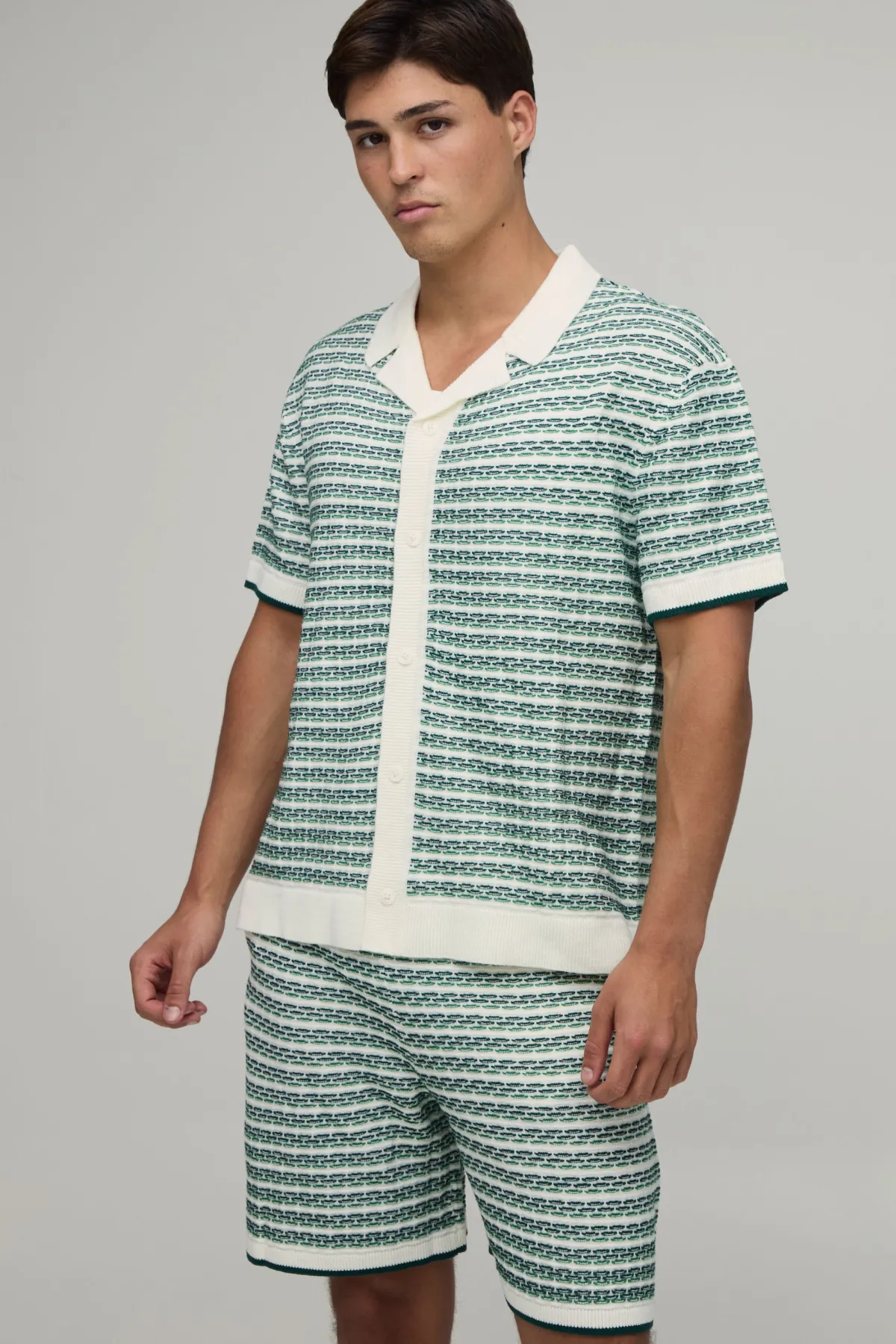 boohooMAN Ensemble Chemise Et Short Décontracté En Maille Ajourée À Rayures<Homme Maille|Mailles