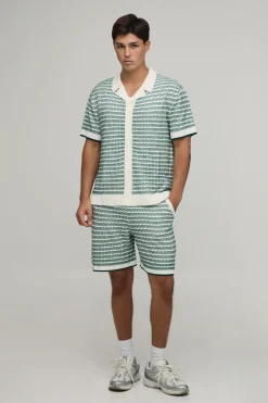 boohooMAN Ensemble Chemise Et Short Décontracté En Maille Ajourée À Rayures<Homme Maille|Mailles