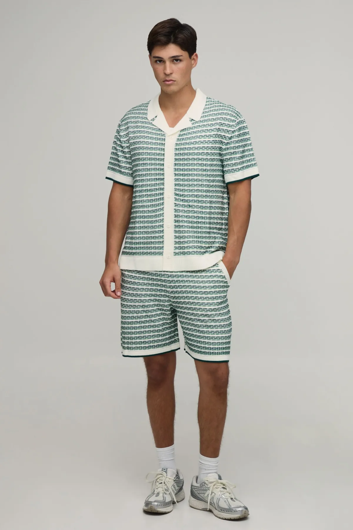 boohooMAN Ensemble Chemise Et Short Décontracté En Maille Ajourée À Rayures<Homme Maille|Mailles