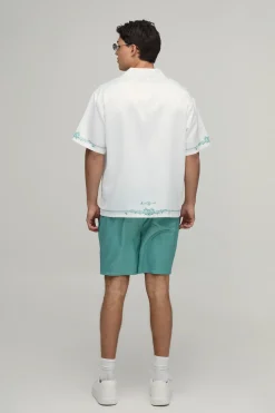 Ensemble Chemise Et Short En Satin À Manches Courtes Oversize Avec Imprimé Floral Bordure