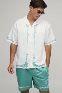 Ensemble Chemise Et Short En Satin À Manches Courtes Oversize Avec Imprimé Floral Bordure