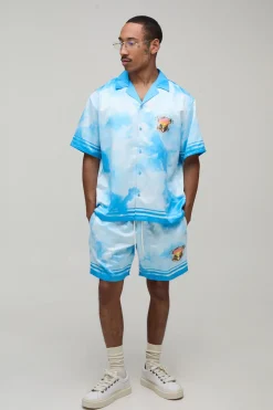 Ensemble Chemise Et Short Satiné Oversize À Manches Courtes Imprimé Abstrait Lieux