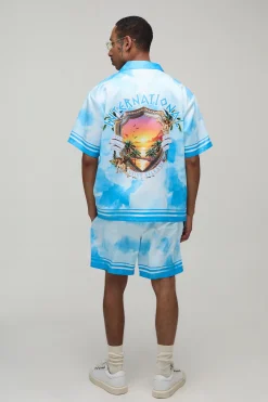 Ensemble Chemise Et Short Satiné Oversize À Manches Courtes Imprimé Abstrait Lieux