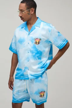 Ensemble Chemise Et Short Satiné Oversize À Manches Courtes Imprimé Abstrait Lieux