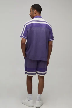 Ensemble Chemise Et Short Tricotés À Maille Ajourée Et Rayures Coupe Décontractée