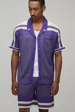 Ensemble Chemise Et Short Tricotés À Maille Ajourée Et Rayures Coupe Décontractée