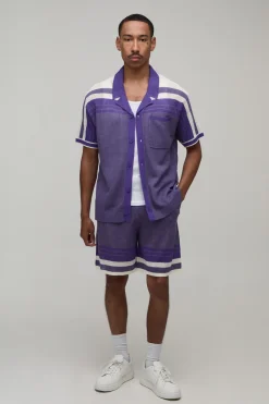 Ensemble Chemise Et Short Tricotés À Maille Ajourée Et Rayures Coupe Décontractée