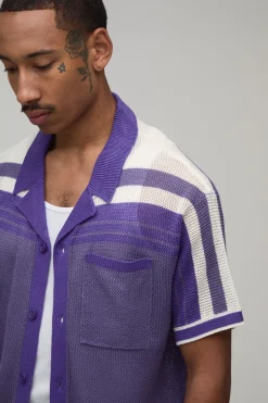 Ensemble Chemise Et Short Tricotés À Maille Ajourée Et Rayures Coupe Décontractée