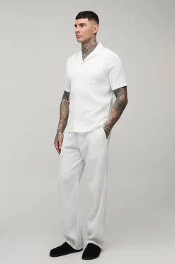 Ensemble Chemise Grande Taille À Manches Courtes Coupe Regular Avec Plis Irréguliers Et Pantalon Coupe Décontractée