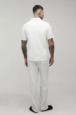 Ensemble Chemise Grande Taille À Manches Courtes Coupe Regular Avec Plis Irréguliers Et Pantalon Coupe Décontractée